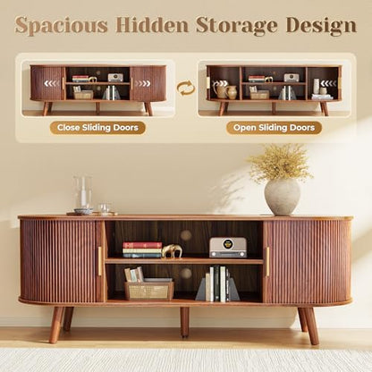 54 Inch Fluted TV Stand for TVs up to 55 Inch, TV Media Console with Power Outlets and USB-C Port, Entertainment Center with Storage, Curved Sliding Doors, Adjustable Shelf, Brown