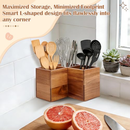 Extra Large Corner Utensil Holder with 3 Compartme... (Natural | Acacia Wood)