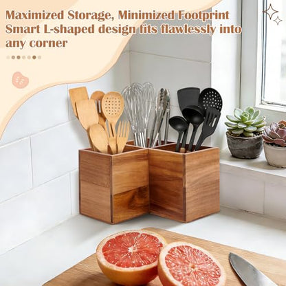 Extra Large Corner Utensil Holder with 3 Compartme... (Natural | Acacia Wood)