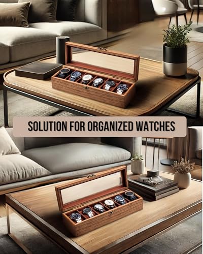 Watch Box for Men and Women - Large Glass Lid, Wooden Display Storage Case With 6 Slots, Retro Burlywood Organizer