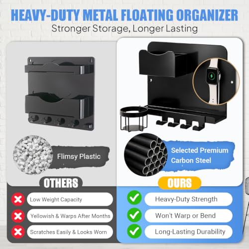 Metal Bedside Wall Shelf, No Drill Floating Bedside Shelf Wall Organizer | Bedside Wall Shelf with Detachable Cup Holder for Bedroom, Dorm, Nightstand Alternative, Bunk Bed Accessories & RV Storage