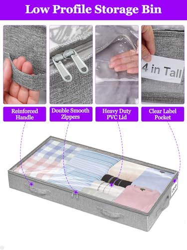 4-in Low Profile Under Bed Storage, No Structure, 2-Pack, Gray | 4" Ultra-Slim, Clear Lid, Reinfoced Handles & Smooth Zips, Dustproof & Waterproof, for Low Bed, Couch, Crib Storage