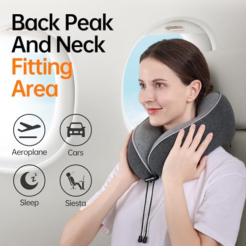 Travel Neck Pillow for Sleeping,100% Pure Memory Foam, Soft Head Support | Washable Cotton Cover,Comes with 3D Eye Mask,Earplugs,Storage Bag,Ideal Travel Gift,Relieve Neck Pressure,Dark Grey