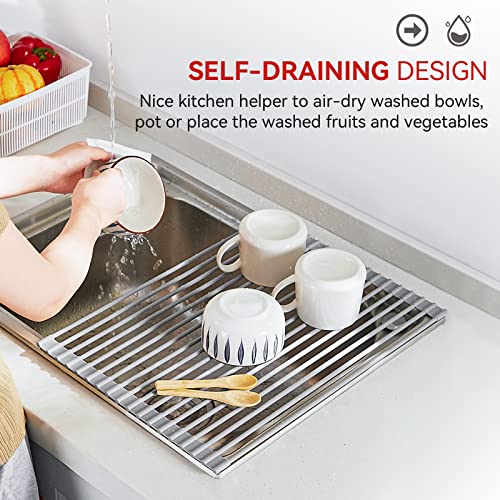 Roll Up Dish Drying Rack, Over The Sink Dish Rack Foldable, Heat-Resistant, Anti-Slip Silicone Coated Steel Dish Drainer for Kitchen Sink, Multipurpose Roll Up Sink Drying Rack, 17.5" x 13"