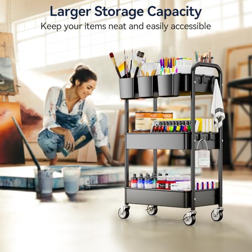 3 Tier Rolling Cart, Heavy Duty Metal Utility Cart with Wheel Black | Sturdy Rolling Storage Cart With Hooks & Hanging Cups, Great For Craft, Art Workspace, Kitchen ,Snack And Office Storage