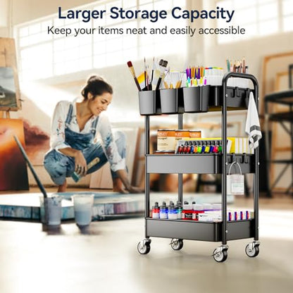 3 Tier Rolling Cart, Heavy Duty Metal Utility Cart with Wheel Black | Sturdy Rolling Storage Cart With Hooks & Hanging Cups, Great For Craft, Art Workspace, Kitchen ,Snack And Office Storage