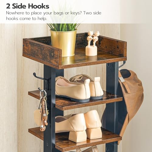 HOOBRO Vertical Shoe Rack for Front Door Entryway, 7 Tier Wooden Shoe Storage Organizer with Hooks, Narrow Shoe Tower for 7 Pairs, Space Saving, for Corner, Closet, Bedroom, Rustic Brown BF61XJ01