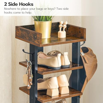 HOOBRO Vertical Shoe Rack for Front Door Entryway, 7 Tier Wooden Shoe Storage Organizer with Hooks, Narrow Shoe Tower for 7 Pairs, Space Saving, for Corner, Closet, Bedroom, Rustic Brown BF61XJ01