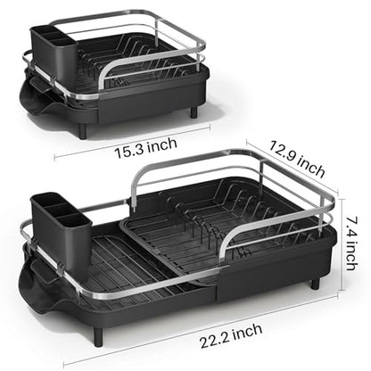 SAYZH Expandable Dish Drying Rack for Small Kitchen Counter, Black | Stainless Steel, Protective Guardrail, Angled Drainboard, Fits High-Rim Sinks, Removable Utensil Holder