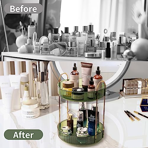 360 Rotating Makeup Organizer for Vanity,2 Tier Large Capacity Skincare Organizers,Bathroom Counter Organizer, Spinning Perfume Organizer & Vanity Organizer (Green-2 Tier)