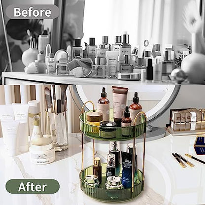 360 Rotating Makeup Organizer for Vanity,2 Tier Large Capacity Skincare Organizers,Bathroom Counter Organizer, Spinning Perfume Organizer & Vanity Organizer (Green-2 Tier)