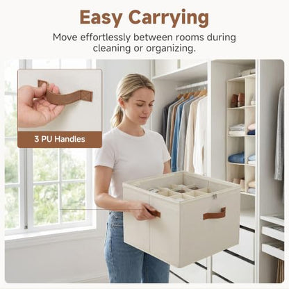 StorageWorks 16-Pair Shoe Organizer for Closet, Adjustable Dividers, Beige | Holds up to 16 Pairs, Foldable, Clear Lid, Reinforced Handles, Fits Sneakers, Boots & Heels, For Closet, Entryway & Bedroom