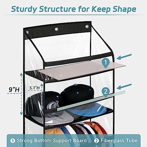 Clear Over The Door Hat Racks for Baseball Caps, Large Holds up to 72 Caps Hat Storage Organizer for Closet Wall, Deep Pockets Hanging Hat Holder with 3 Hooks, Black