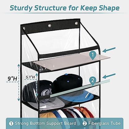 Clear Over The Door Hat Racks for Baseball Caps, Large Holds up to 72 Caps Hat Storage Organizer for Closet Wall, Deep Pockets Hanging Hat Holder with 3 Hooks, Black
