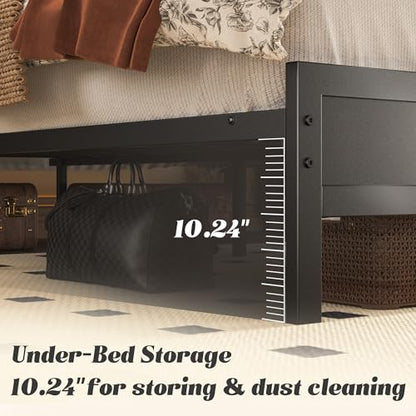 Queen Bed Frame with Headboard & Footboard, Bed Frame with Built-in Charging Station & LED Light, Storage Shelf, Noise-Free, No Box Spring Needed, Easy Assembly, Classic Black