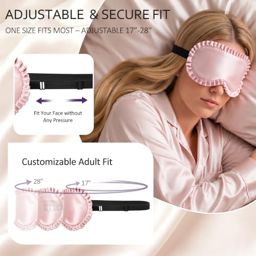 Silk Sleep Mask for Women, 100% Mulberry Silk Eye Sleeping Mask & Blindfold with Adjustable Strap, Ruffled Edge & Laundry Bag, Blackout Soft Eye Cover for Travel, Nap, Night Shift,Pink