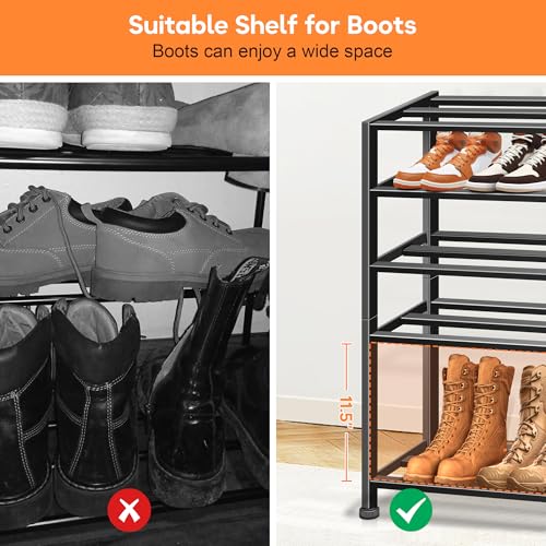 5-Tier Heavy Duty Shoe Rack for Garage Entryway, Stackable Shoe Organizer for 25 Pairs Men Boots, Shoe Rack for Closet Metal Shoe Storage Shelf, Floor, Hallway (Black)