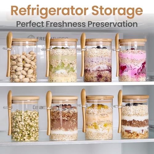 6 Pack Overnight Oats Containers with Bamboo Lids and Spoons - 22 oz Airtight Glass Jars with Lid, Meal Prep Jars for Chia Pudding, Yogurt, Salad, Cereal, Coffee, Flour | Food Storage Canister