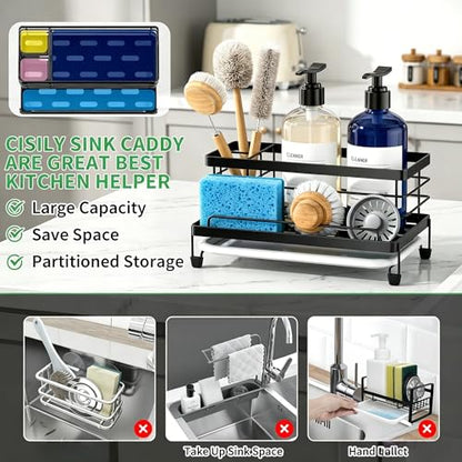Sponge Holder for Kitchen, Sink Caddy Organizer, Kitchen Sink Accessories with Drip Tray, Rustproof and Non-slip Kitchen Sink Sponge Holder (Black)