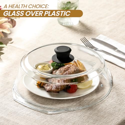 2 in 1, Tall Glass Microwave Splatter Cover for Food & Microwave Place Mat, Plate Splatter Guard Lid with Silicone Handle Knob, Cookware & Bakeware Serving Dish Cover, Food Grade, No Plastic, 10in