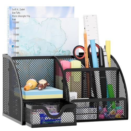 Mesh Desk Organizer with Drawer Multi-functional P... (Black | Metal)