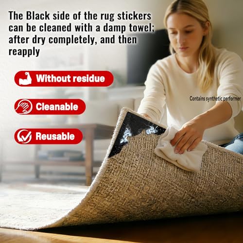Rug Non Slip Grippers, Reusable Rug Tape, No Damaging for Floor, Carpet Corner Stickers for Hardwood Floors and Tiles, Strong Hold Carpet Gripper for Area Rugs, 8Pcs