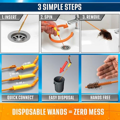 FlexiSnake Drain Weasel Sink Snake Hair Clog Remover Tool Kit, 5 Wands | Pipe, Bathroom, Bathtub Cleaner, 18-inch Long Refills, Flexible, Removable Handle, Made in The USA