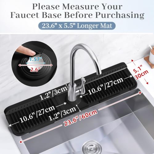 PoYang 24 Inch Faucet Mat for Kitchen Sink Splash Guard, Silicone, Black | Sink Protectors with 7° Slope for Smooth Drainage, Snap Button Holds It in Place, 90° Foldable & Cuttable Hole Fit Most Sinks