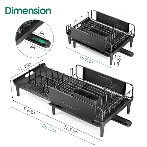Urackify Expandable Dish Drying Rack with Drainboard for Kitchen Counter | Expands from 16.9 to 26.6 inches to fit more dishes, plates with fast drainage and flexible placement for any sink
