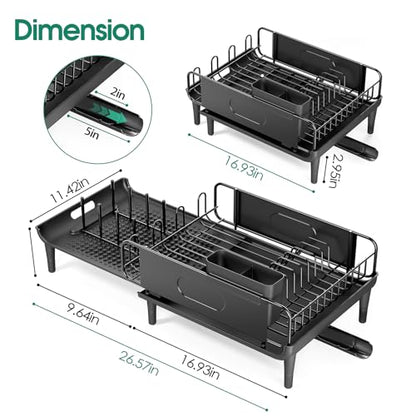 Urackify Expandable Dish Drying Rack with Drainboard for Kitchen Counter | Expands from 16.9 to 26.6 inches to fit more dishes, plates with fast drainage and flexible placement for any sink