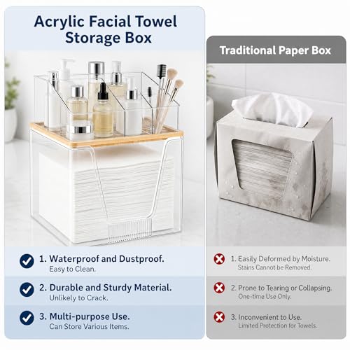 Disposable Facial Towel Holder, 2 Tier Cosmetic Storage Organizer Box | Clear box with Bamboo Lid Compatible with Clean Skin Club Towel XL, Skincare Organizer for Vanity Bathroom Countertop, 1 Pack