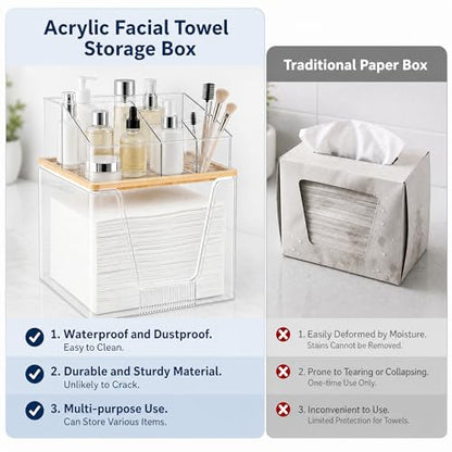 Disposable Facial Towel Holder, 2 Tier Cosmetic Storage Organizer Box | Clear box with Bamboo Lid Compatible with Clean Skin Club Towel XL, Skincare Organizer for Vanity Bathroom Countertop, 1 Pack