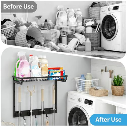 XLP Heavy Duty Broom Holder Wall Mount, All-Metal Cleaning Supplies Organizer & Mop Holder, Space Saving Wall Hanging Rack with Hooks for Home, Garage, Laundry Room - Black