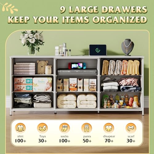 WLIVE Wide TV Stand for 75 Inch TV, 9 Fabric Drawers, White | Fits TVs up to 75 inch, 9 roomy fabric drawers, Wide wood tabletop, Living room or hallway, Large storage capacity