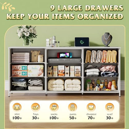 WLIVE Wide TV Stand for 75 Inch TV, 9 Fabric Drawers, White | Fits TVs up to 75 inch, 9 roomy fabric drawers, Wide wood tabletop, Living room or hallway, Large storage capacity