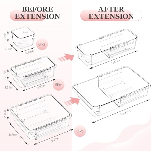 DILIBRA 16 Pcs Clear Extendable Drawer Organizer, Adjustable Drawer Storage | 3-Size Desk Drawer Organizer, Plastic Non-Slip Storage Bins for Makeup Cosmetic Jewelries Utensils Stationery Dressers Tool