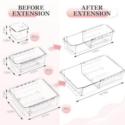 DILIBRA 16 Pcs Clear Extendable Drawer Organizer, Adjustable Drawer Storage | 3-Size Desk Drawer Organizer, Plastic Non-Slip Storage Bins for Makeup Cosmetic Jewelries Utensils Stationery Dressers Tool
