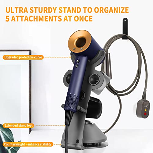 Hair Dryer Holder Stand for Dyson Hair Dryer, Upgraded Dyson Hair Dryer Holder Dyson Hair Dryer Stand Black to Store 5 Dyson Hair Dryer Attachments with Cable Hook