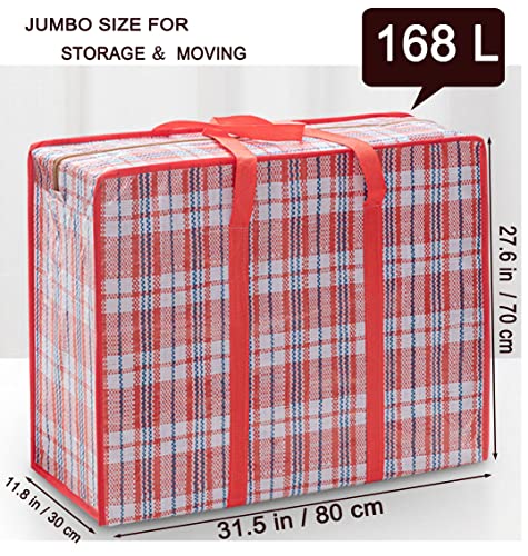 Heavy Duty Extra Large Moving Bags, 168L Oversize Organizer Storage Bags With Durable Zippers for Clothes Comforter Pillow, Waterproof Totes for Carrying Camping Bedding (Set of 4) - Red Checkered