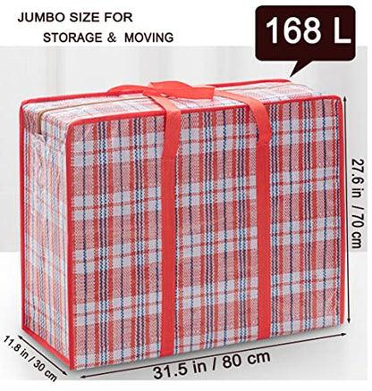 Heavy Duty Extra Large Moving Bags, 168L Oversize Organizer Storage Bags With Durable Zippers for Clothes Comforter Pillow, Waterproof Totes for Carrying Camping Bedding (Set of 4) - Red Checkered