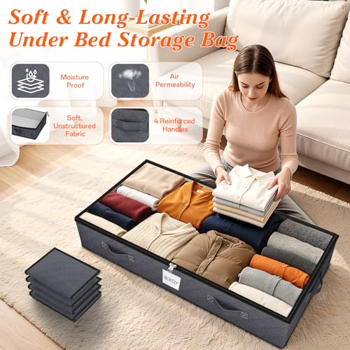 90L Under Bed Storage Containers, Storage Bags, Organizers, 4-Pack, Gray | Foldable, Soft Fabric, Closet Organizers, Reinforced Handle, Label Holder, Clear Window, for Comforters, Clothing, Blankets