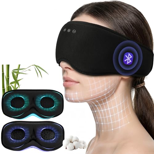 Bamboo Cotton Bluetooth Sleep Mask, 2 in 1 3D Soft Sleep Mask with Sleep Headphones, Sleep Eye Mask with Timming Setting, Blackout Sleeping Mask for Side Sleepers, Women Men, Black (Black)