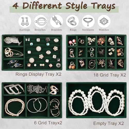 Jewelry Drawer Organizer, 8 Set of Stackable Velvet Organizer Tray, Drawer Inserts for Jewelry Organization, Showcase and Safely Store Your Collection with Elegance and Sophistication (Green)