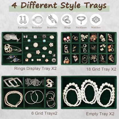 Jewelry Drawer Organizer, 8 Set of Stackable Velvet Organizer Tray, Drawer Inserts for Jewelry Organization, Showcase and Safely Store Your Collection with Elegance and Sophistication (Green)