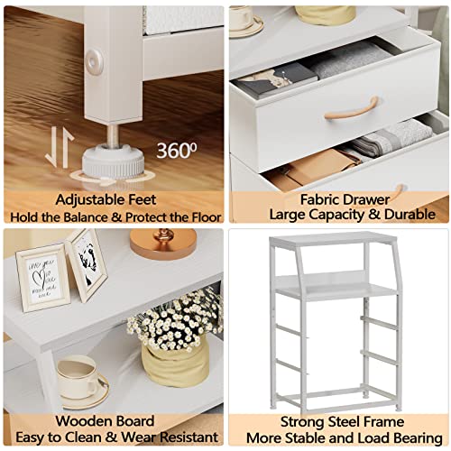 White Night Stand with 3 Fabric Drawers, Small Bedside Table | 2-Tier Shelf, Nightstand with Drawer for Bedroom, Storage Cabinet for Dorm, Closet, Living Room, Sturdy Steel Frame, Wood Top