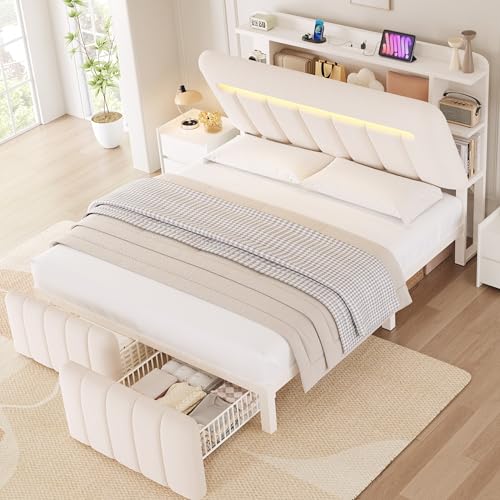 Jocoevol Full Size Bed Frame with Storage Headboard,Upholstered White Bed Frame Full with Storage Drawers and Charging Station,Velvet Platform Metal Bed, Noise-Free No Box Spring Needed