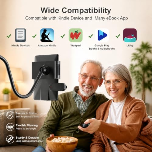 Gooseneck Tablet Holder for Kindle Reading in Bed with Page Turner Remote, Hands Free Desk Bedside Lazy Arm Stand for Kindle Accessories, Gifts for Readers