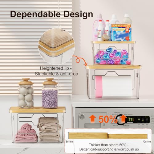 2 Pack Trash Bag Holder with Bamboo Lid for Laundry & Dishwasher Pods, Acrylic Trash Bag Dispenser Roll Containers Under Sink, Plastic Container Garbage Bags Storage Organizer for Kitchen,Cabinet, Pod