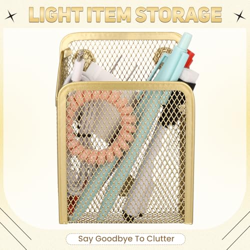 2 Pcs Large Magnetic Pencil Holder Mesh Stainless Steel Pen Basket Magnetic Pen Cups Storage Organizer for Fridge Whiteboard Blackboard Kitchen Refrigerator Locker Home Office School(Gold)
