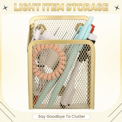 2 Pcs Large Magnetic Pencil Holder Mesh Stainless Steel Pen Basket Magnetic Pen Cups Storage Organizer for Fridge Whiteboard Blackboard Kitchen Refrigerator Locker Home Office School(Gold)